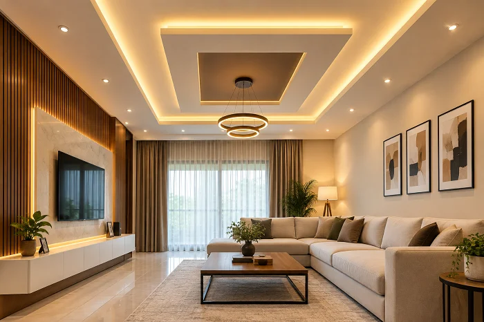 Modern living room with a layered false ceiling and recessed lighting